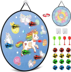 fun toy dartboard for boys and girls with unicorn motief on one side