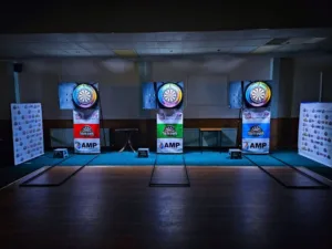 Dartboard setup and oche at Moray Youth darts Academy