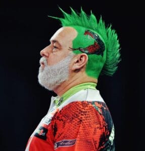 Peter Wright darts fancy dress and fancy hair